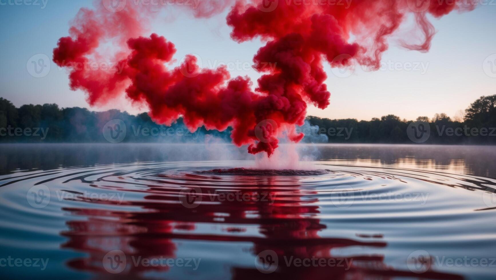Vivid red smoke swirling above a serene water surface at twilight. photo