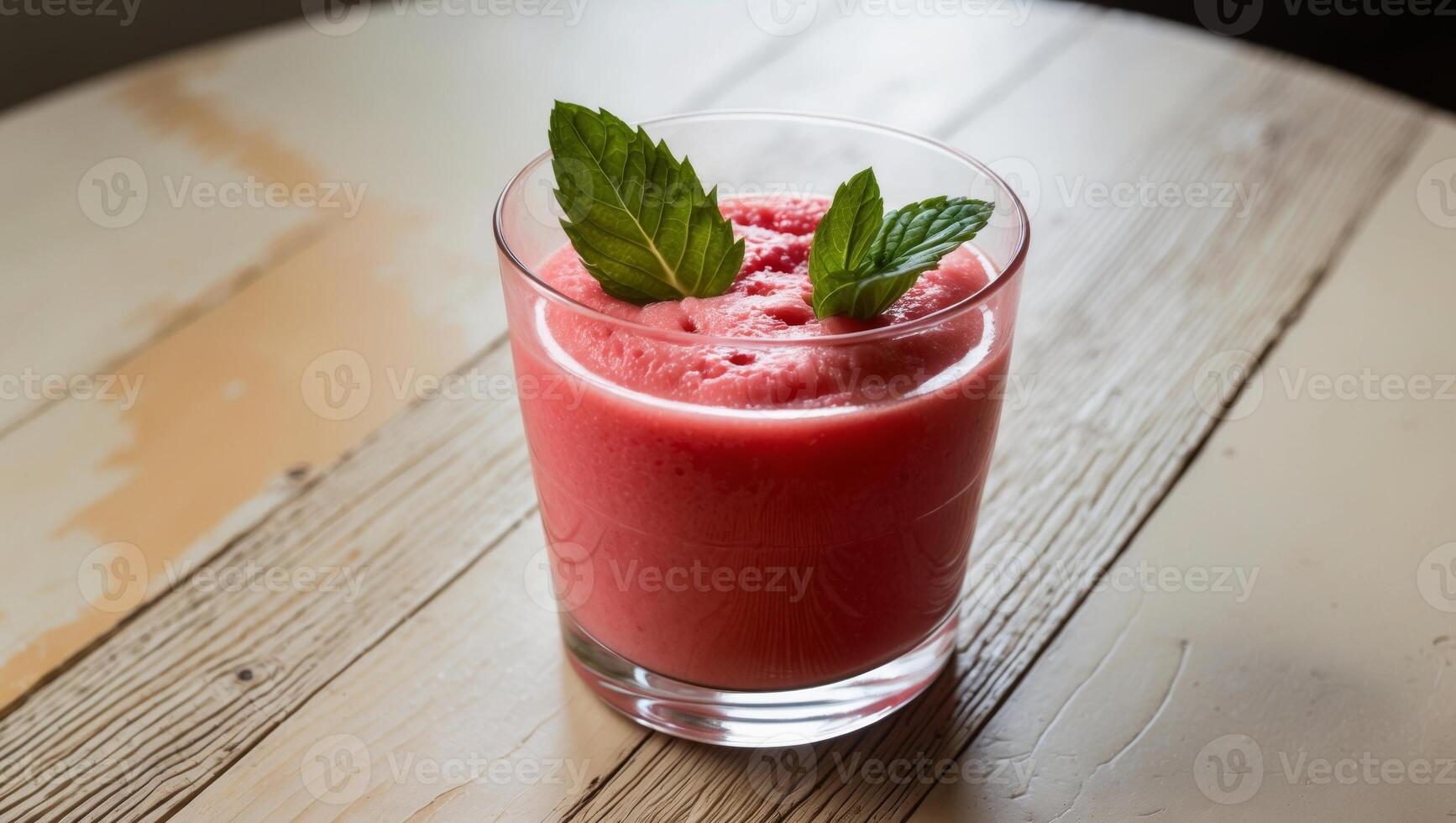 Watermelon smoothie served in a glass on a wooden table with selective focus. photo