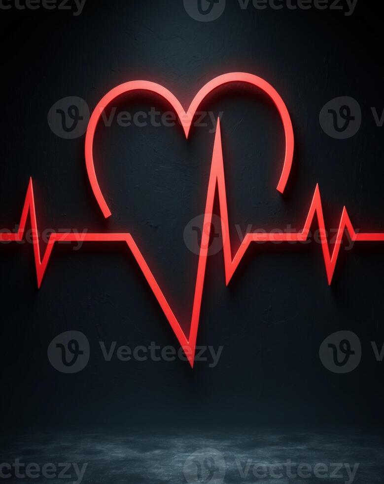 Heartbeat Pulse with Red Heart Shape in Dark Background. photo
