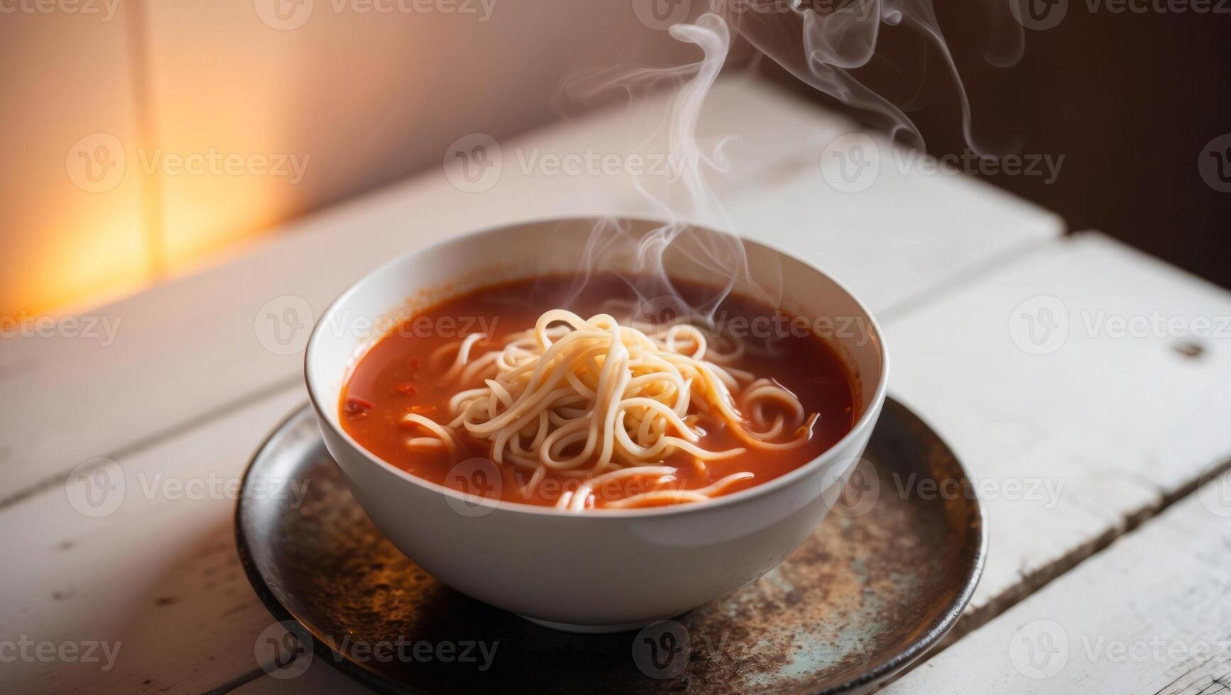 Noodles in Tomato Soup Served on a Wooden Surface. photo