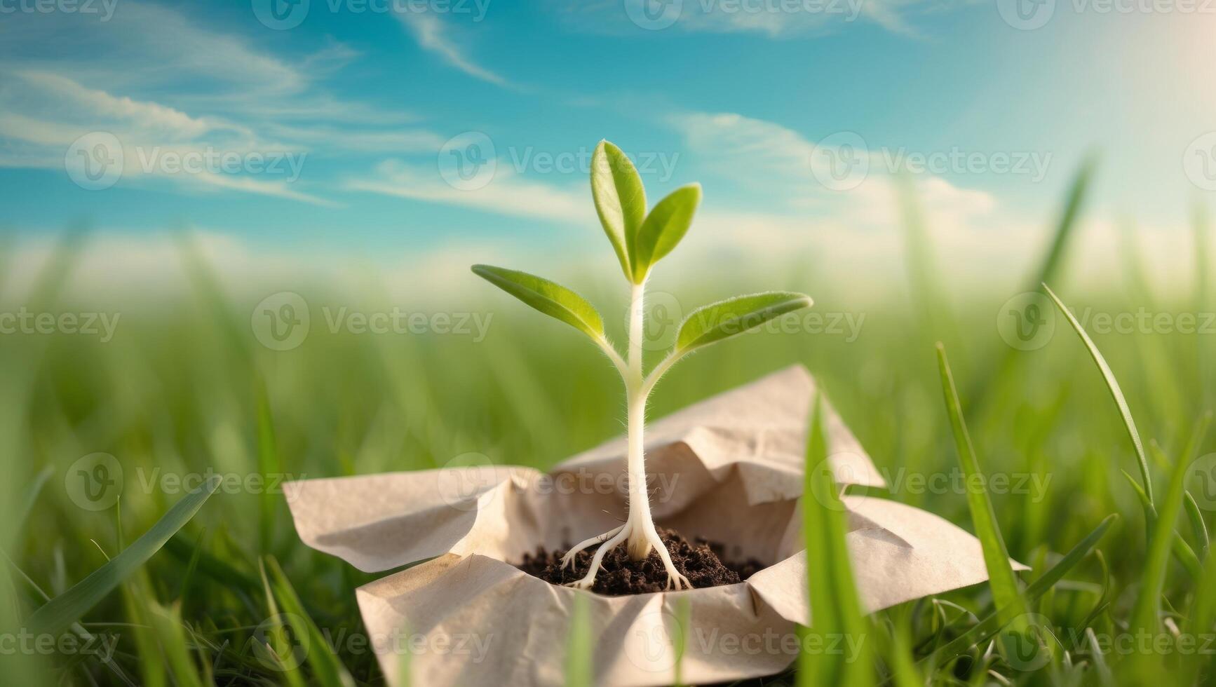 Seedling emerging from paper in a grassy field under a blue sky. photo
