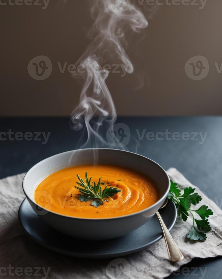 Steaming Hot Bowl of Butternut Squash Soup Garnished with Fresh Herbs on Dark Background. photo