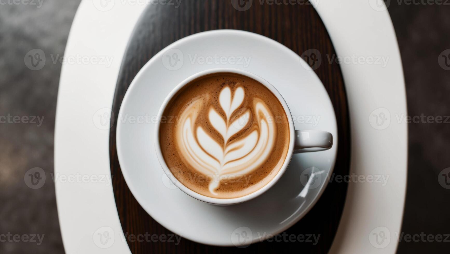 Top View of Latte Art Coffee Mug With Bean on Table Minimal Design Coffee Shop Concept. photo