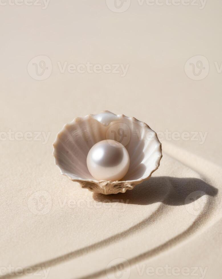 Pearl Inside Shell on Sandy Beach Background. photo