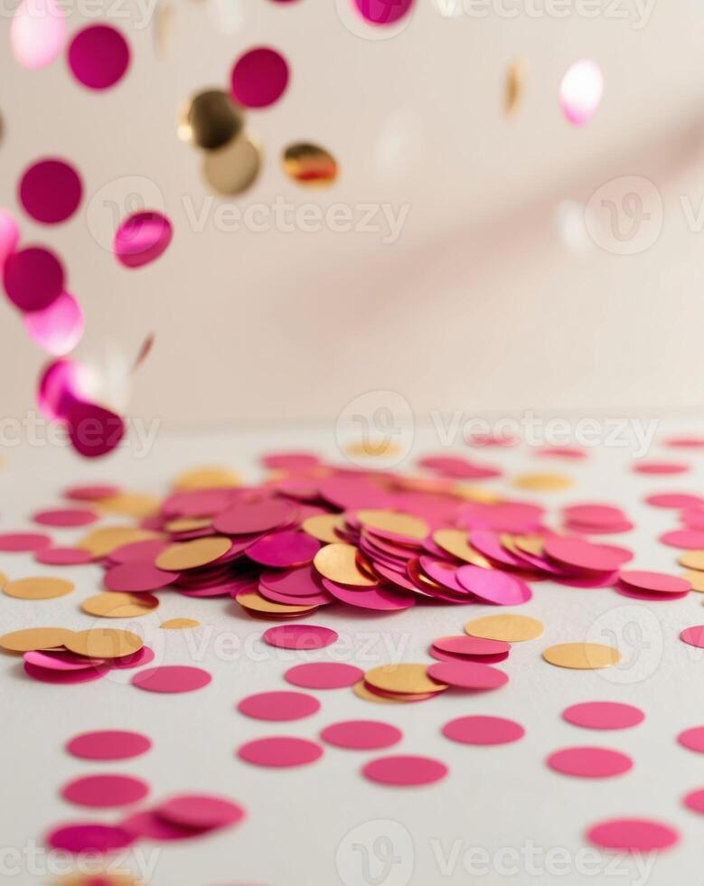 Pink and Gold Confetti Background Festive Celebration Decoration. photo