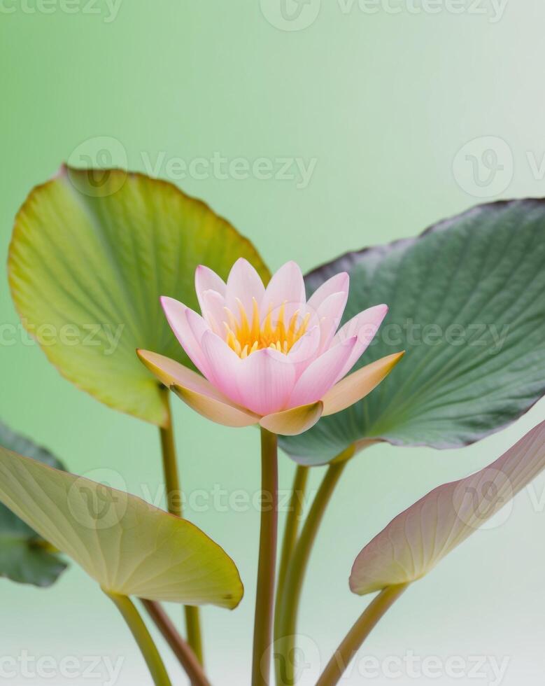 Pink Water Lily with Green Leaves on Green Background. photo