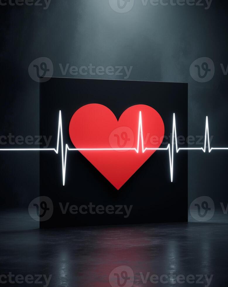 Heartbeat Pulse with Red Heart Shape in Dark Background. photo