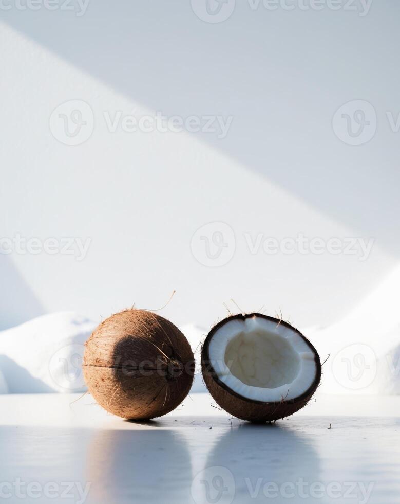 Two coconuts sit side by side on a white surface One is split in half. photo