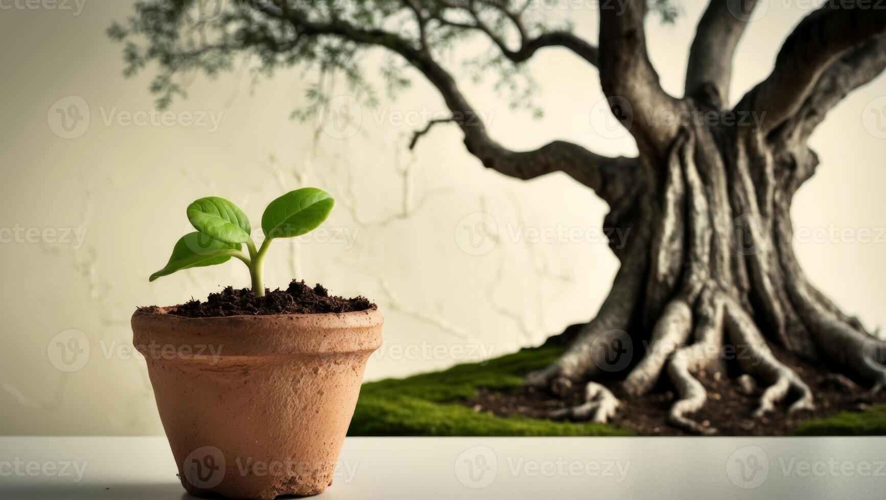 Green Seedling in Clay Pot Near Tree Background. photo