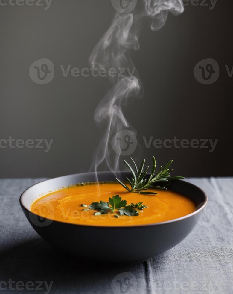 Steaming Hot Bowl of Butternut Squash Soup Garnished with Fresh Herbs on Dark Background. photo