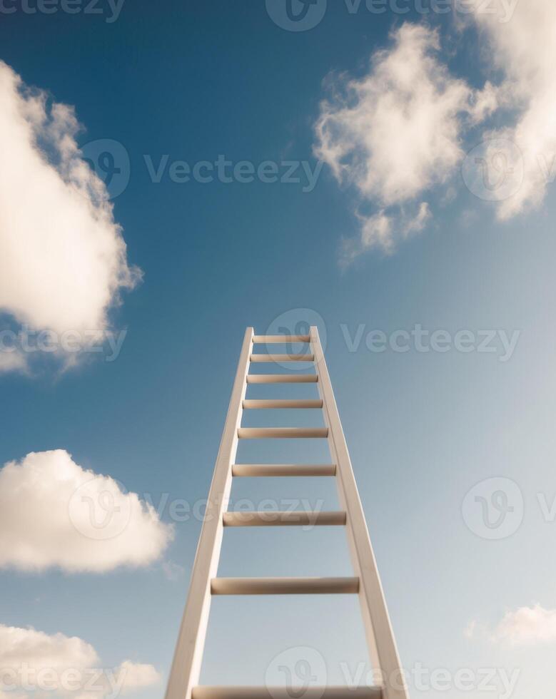 White Ladder Ascending Towards a Blue Sky with Fluffy Clouds. photo