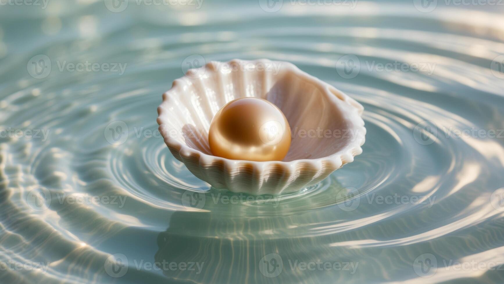 Golden Pearl Inside a Sea Shell on Water Surface. photo