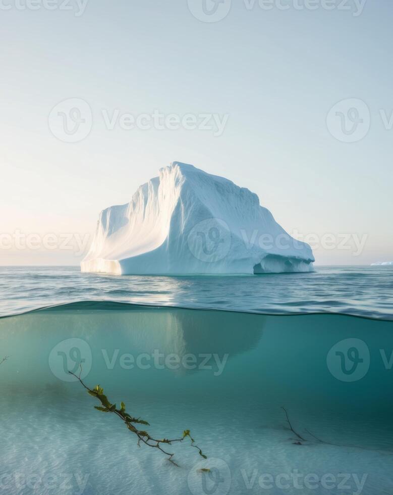 Majestic Iceberg Beneath the Ocean Surface at Sunrise. photo