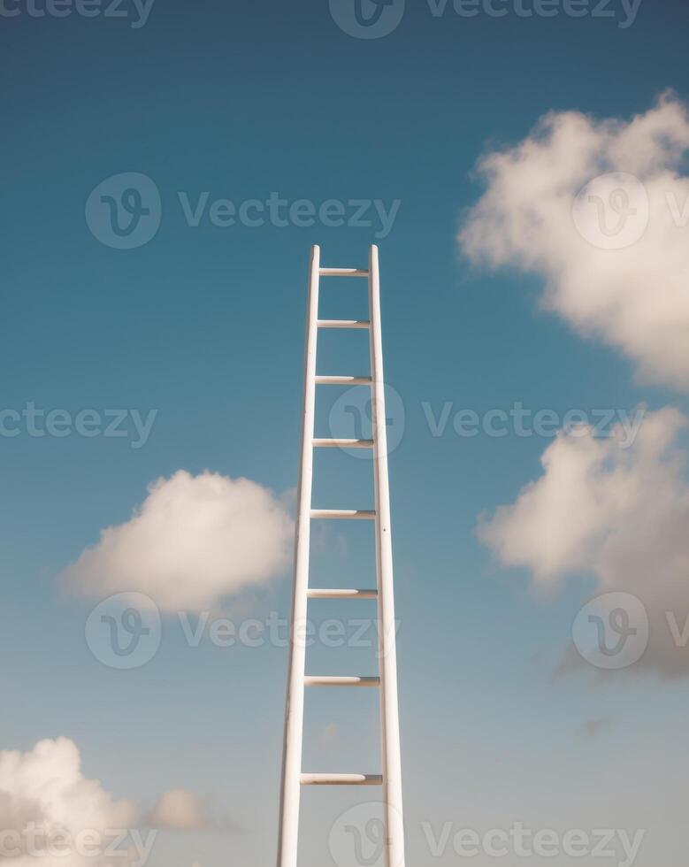 White Ladder Ascending Towards a Blue Sky with Fluffy Clouds. photo