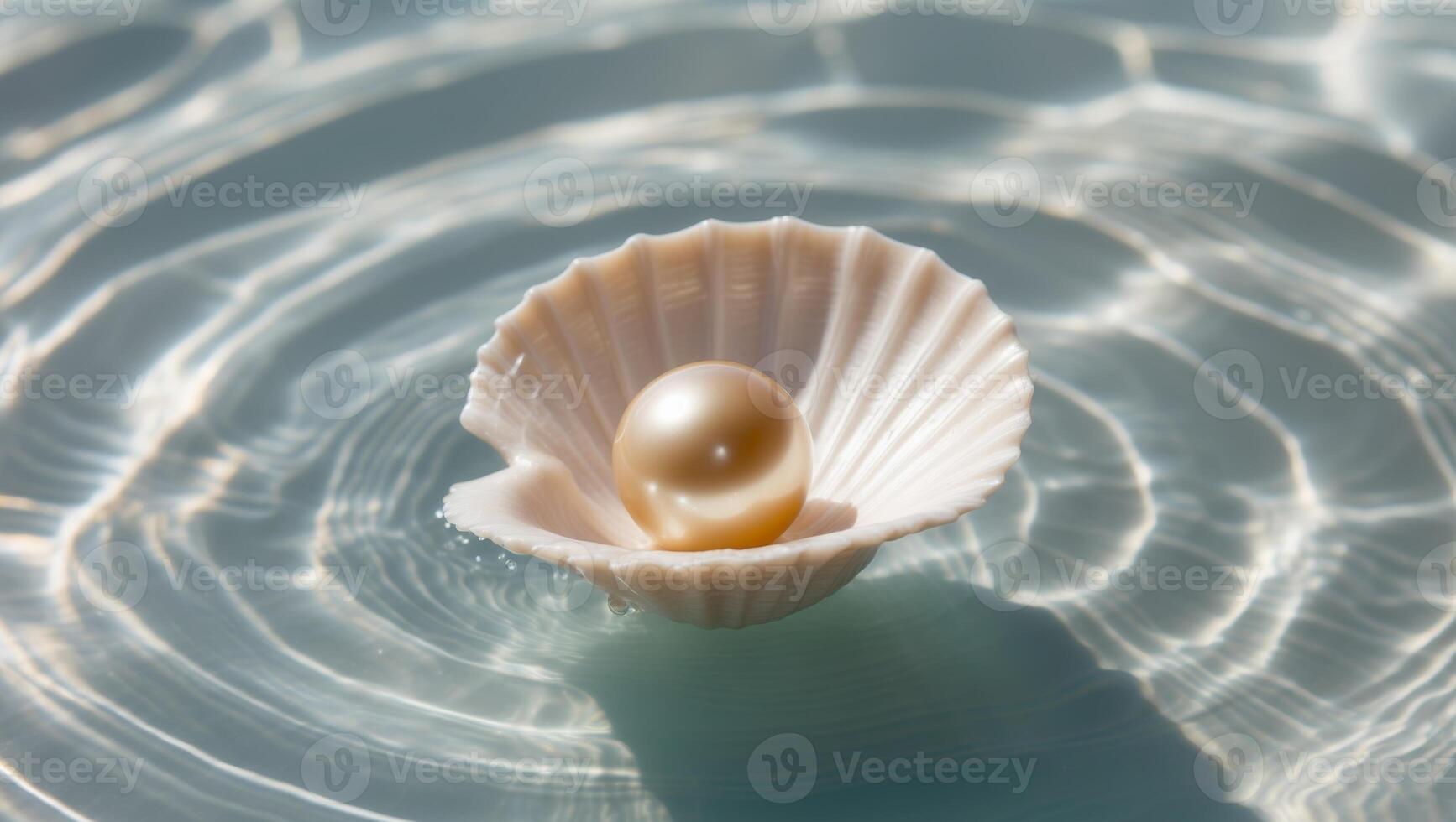 A pearl in a shell on top of water photo
