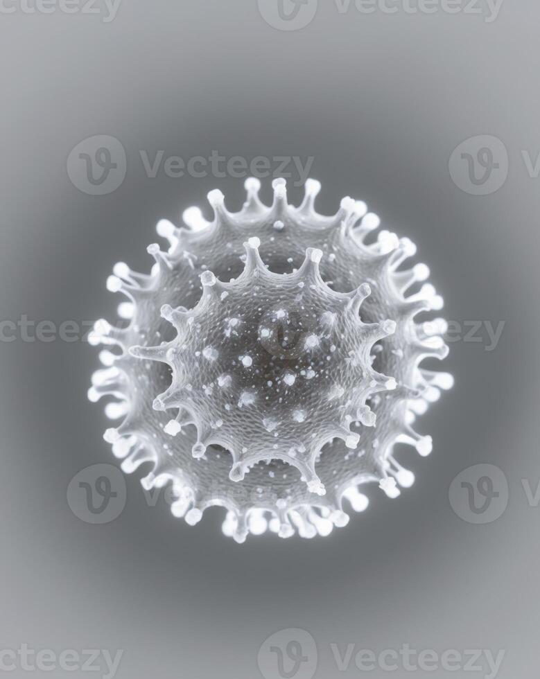 A white virus is shown in a gray background photo