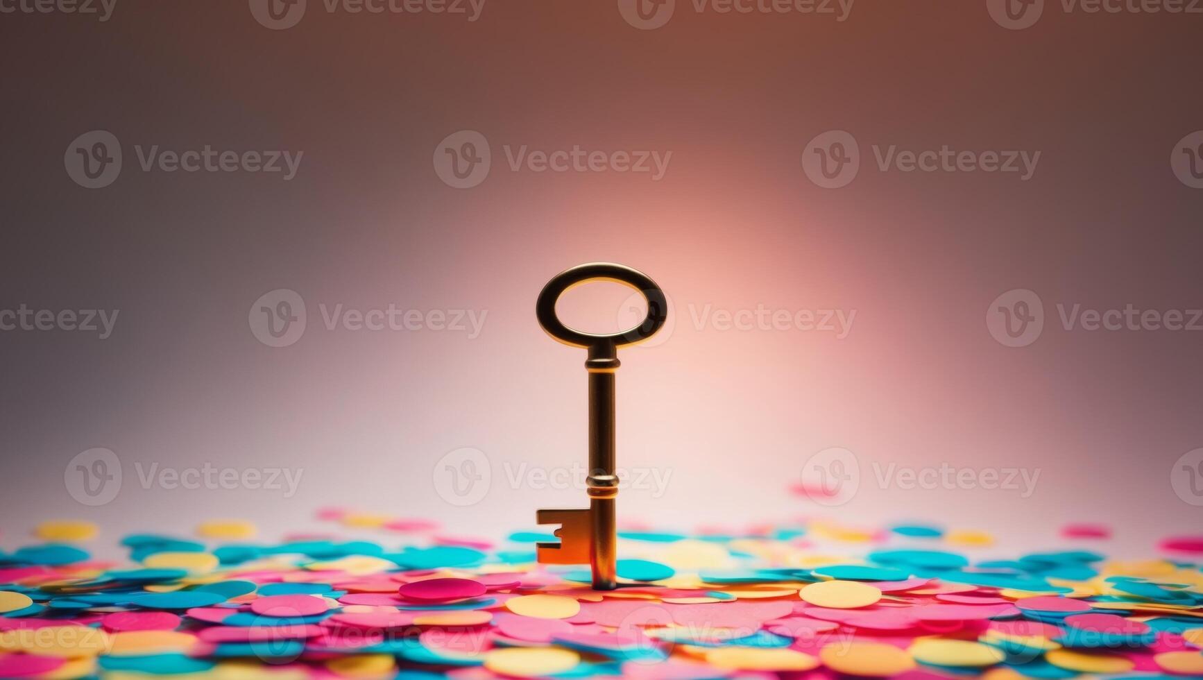 Key to success concept with confetti and golden key on white background photo