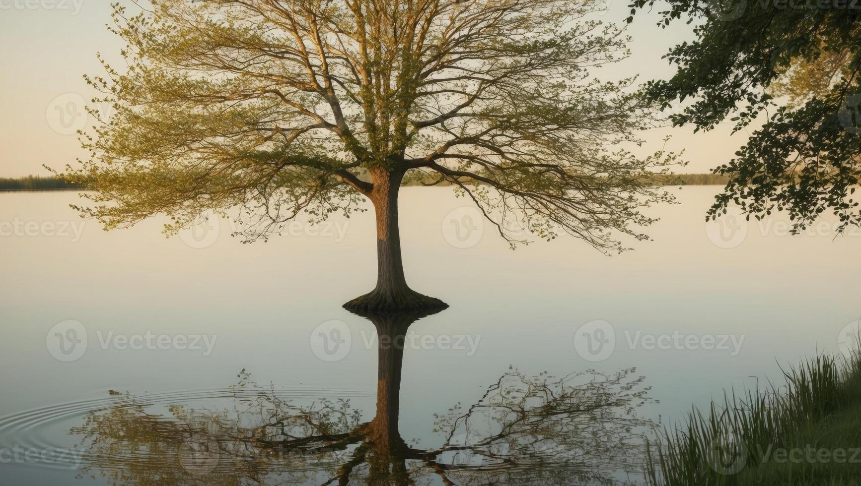 A tree is reflected in the water of a lake photo