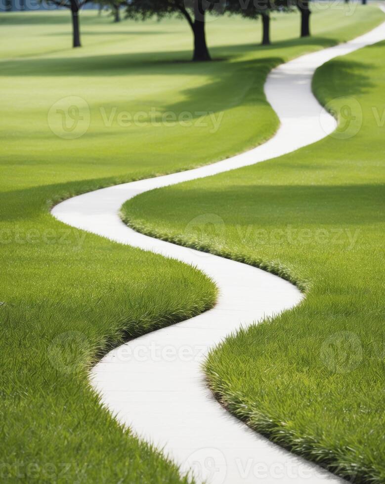 A long path that is in the middle of a grassy field photo