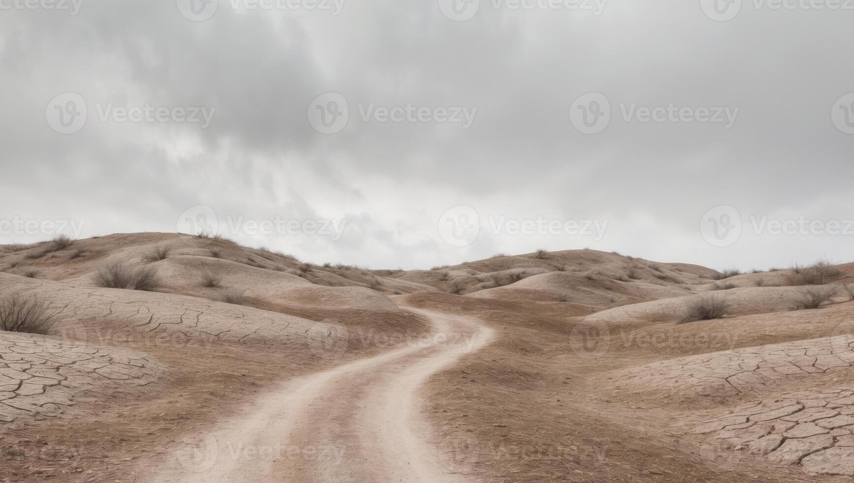 A dirt road in the desert with dry grass and sand photo