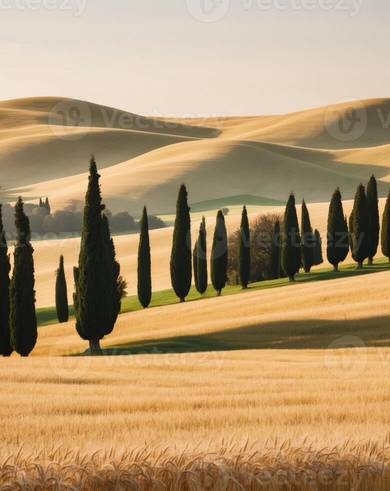 A field of wheat and cypress trees in the countryside photo