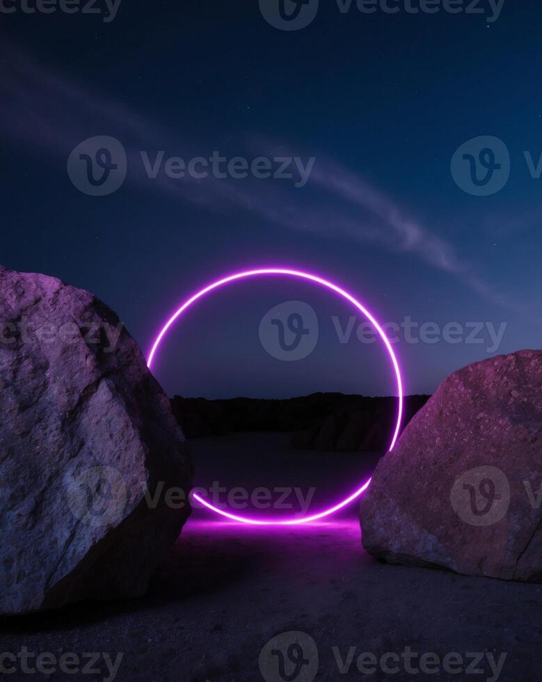 A purple circle is lit up in the desert photo
