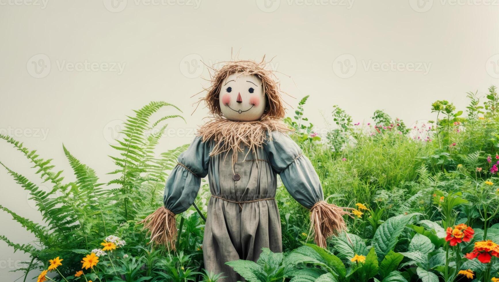 A scarecrow stands in a field of flowers photo