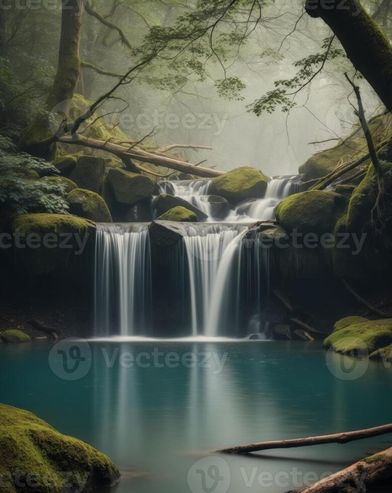A waterfall in the forest with mossy rocks photo