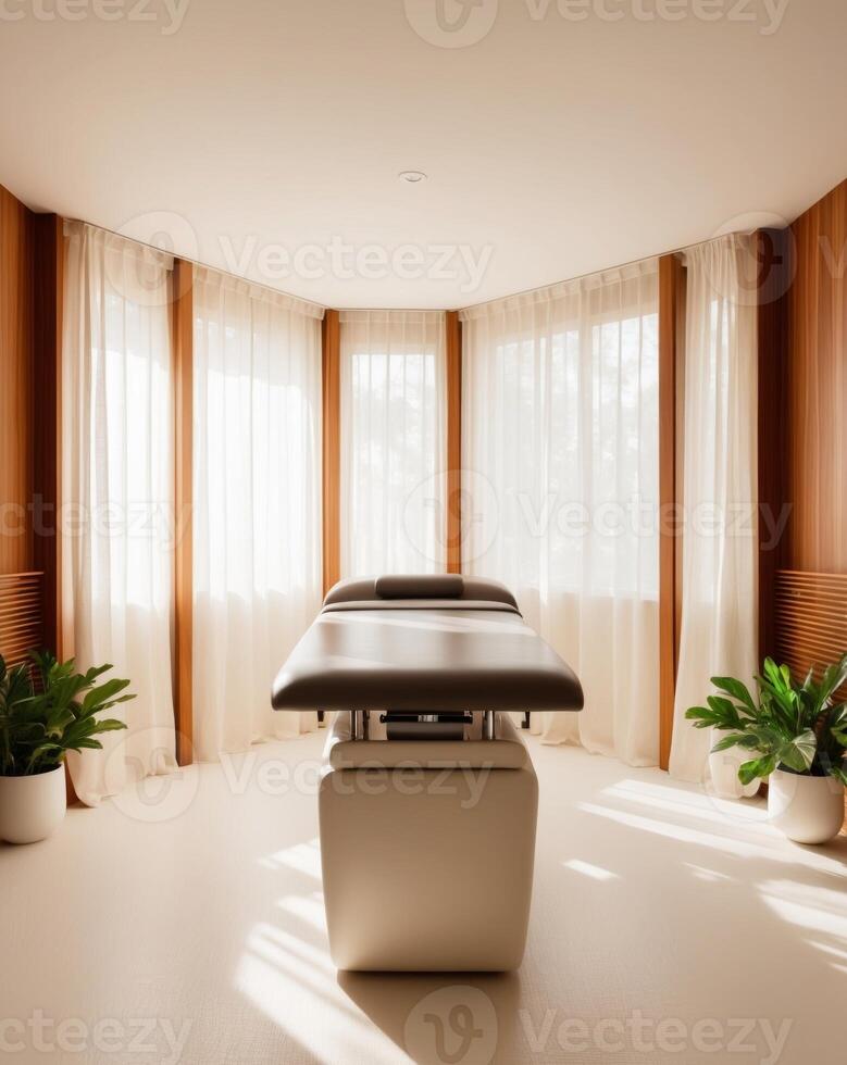A massage table in a room with windows photo