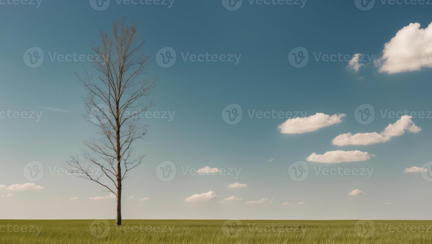 A lone tree stands in a field with a blue sky photo