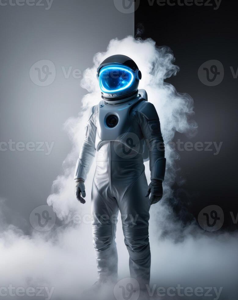 An astronaut in a white suit with smoke coming out of his mouth photo