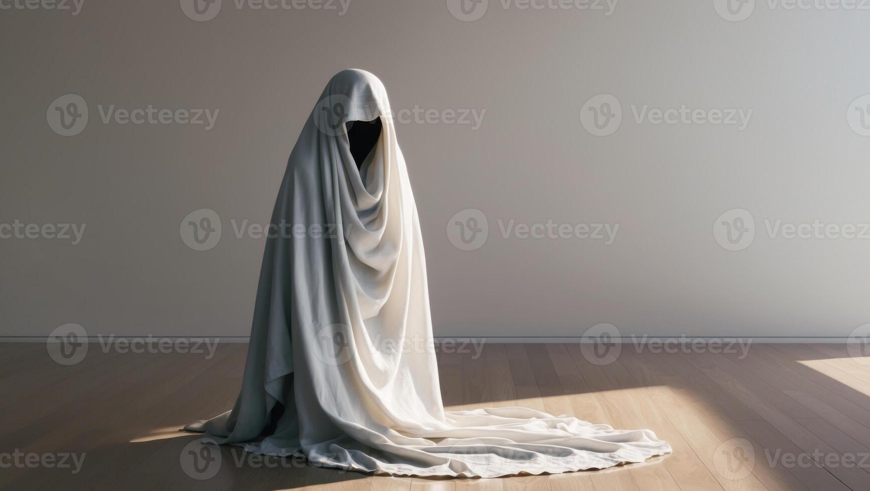 A ghostly white cloak is standing in a room photo