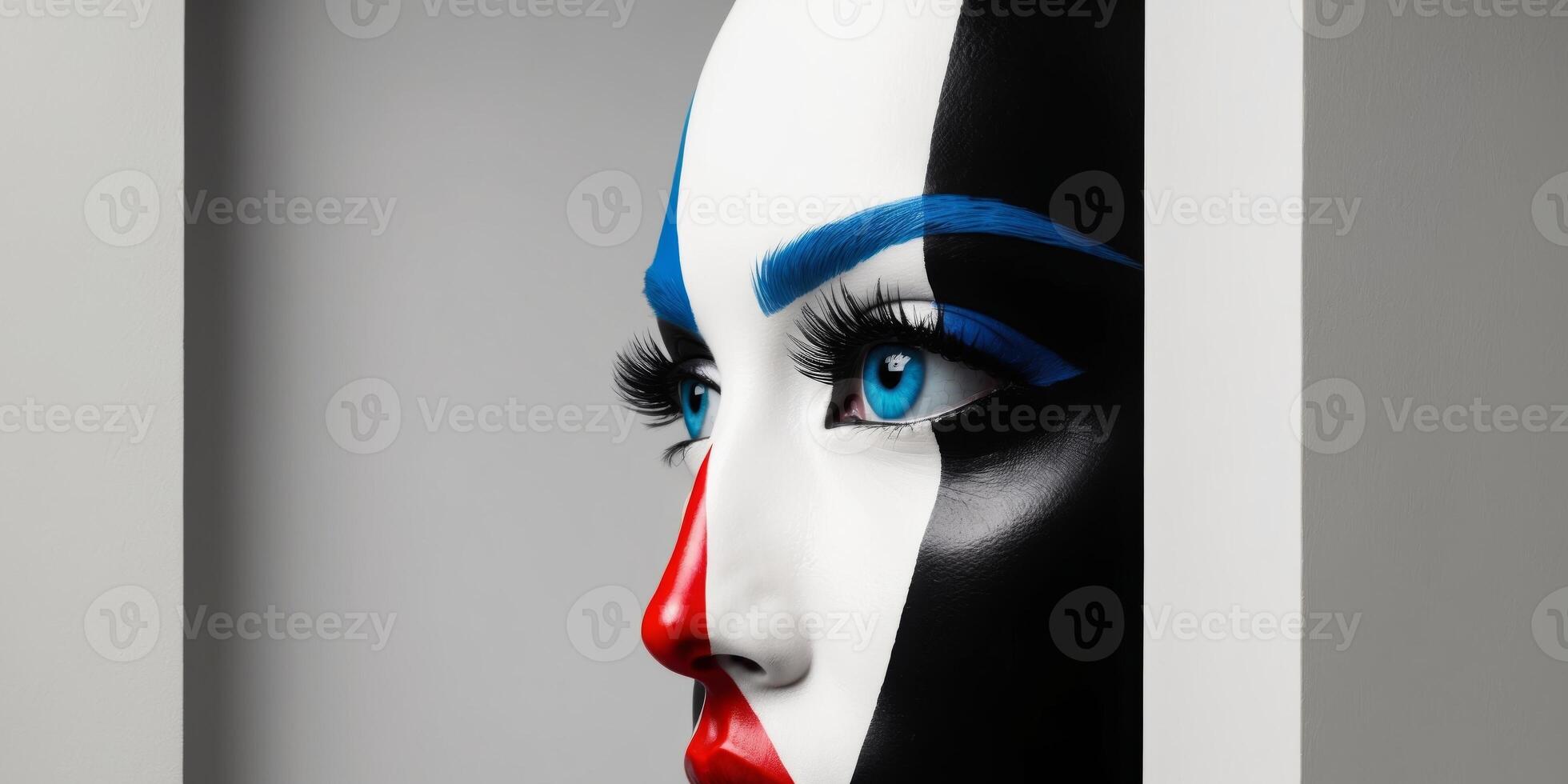 A woman's face painted with red, white and blue photo