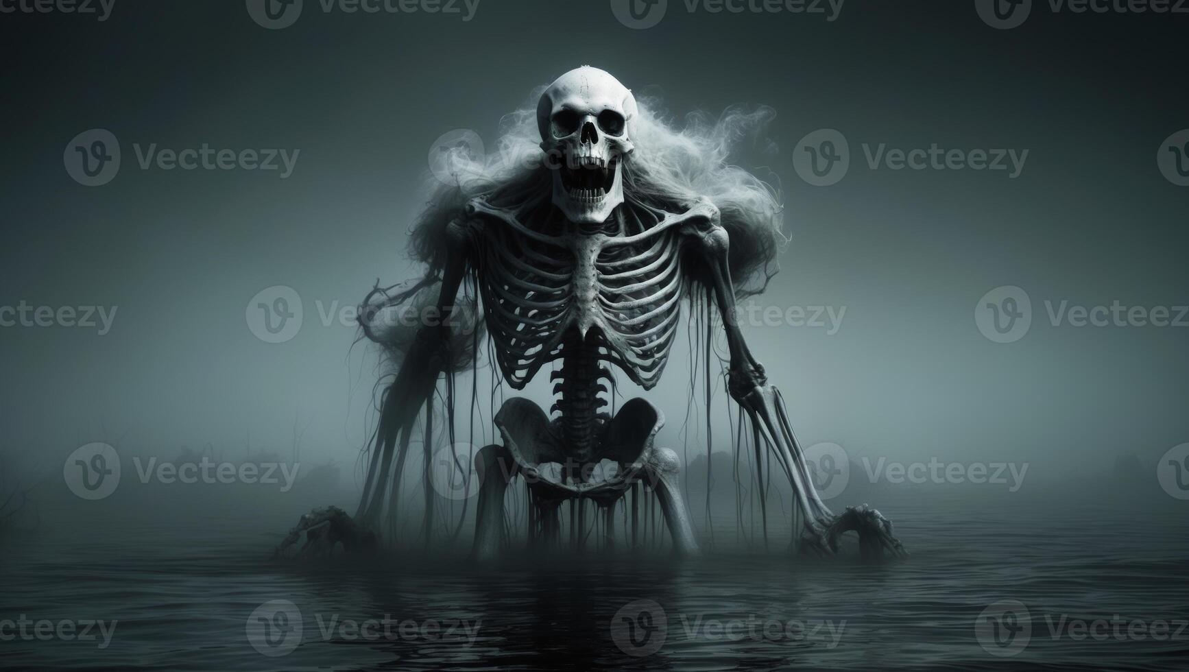 A skeleton standing in the water with fog photo