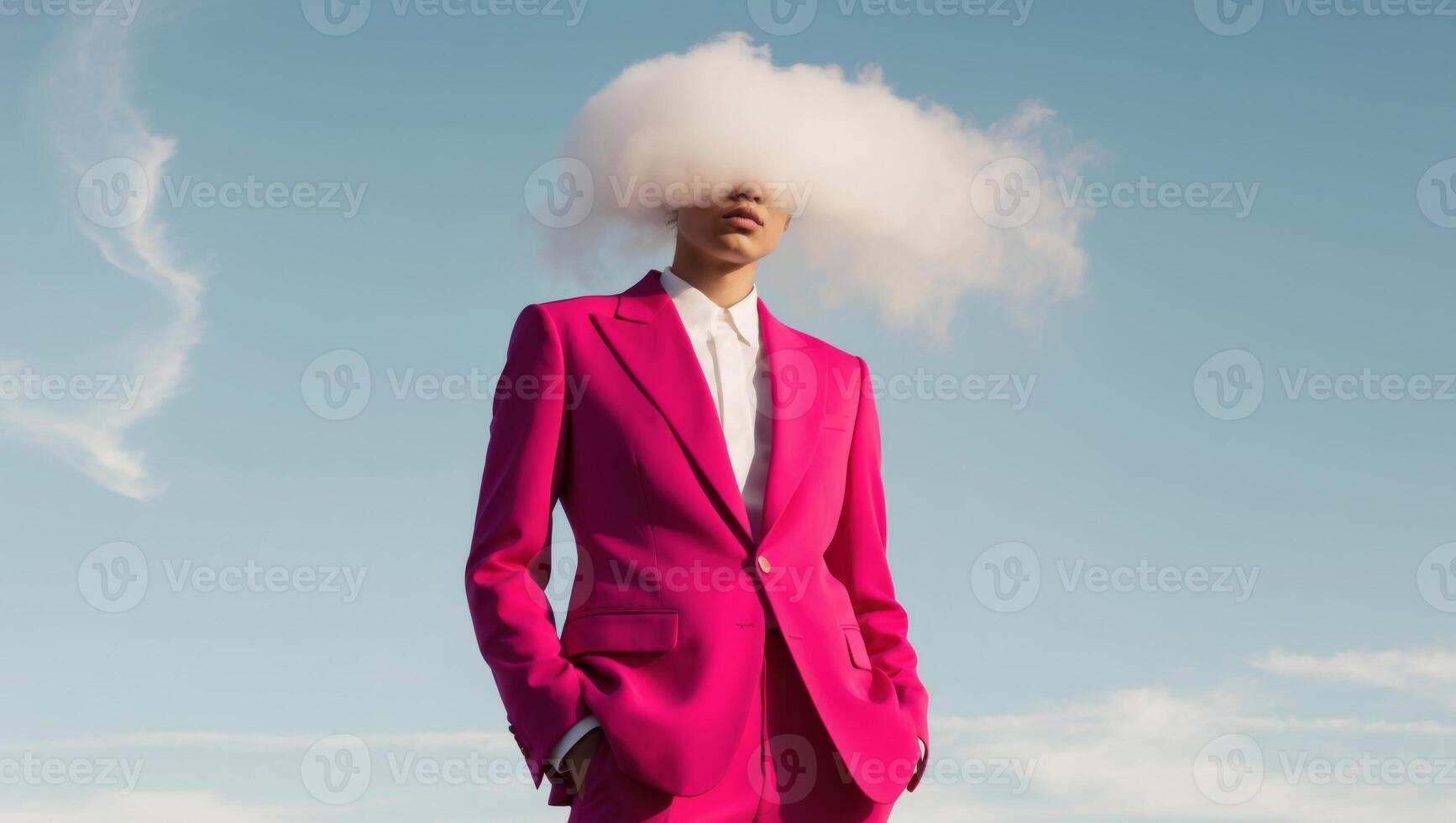 A woman in a pink suit with a cloud over her head photo