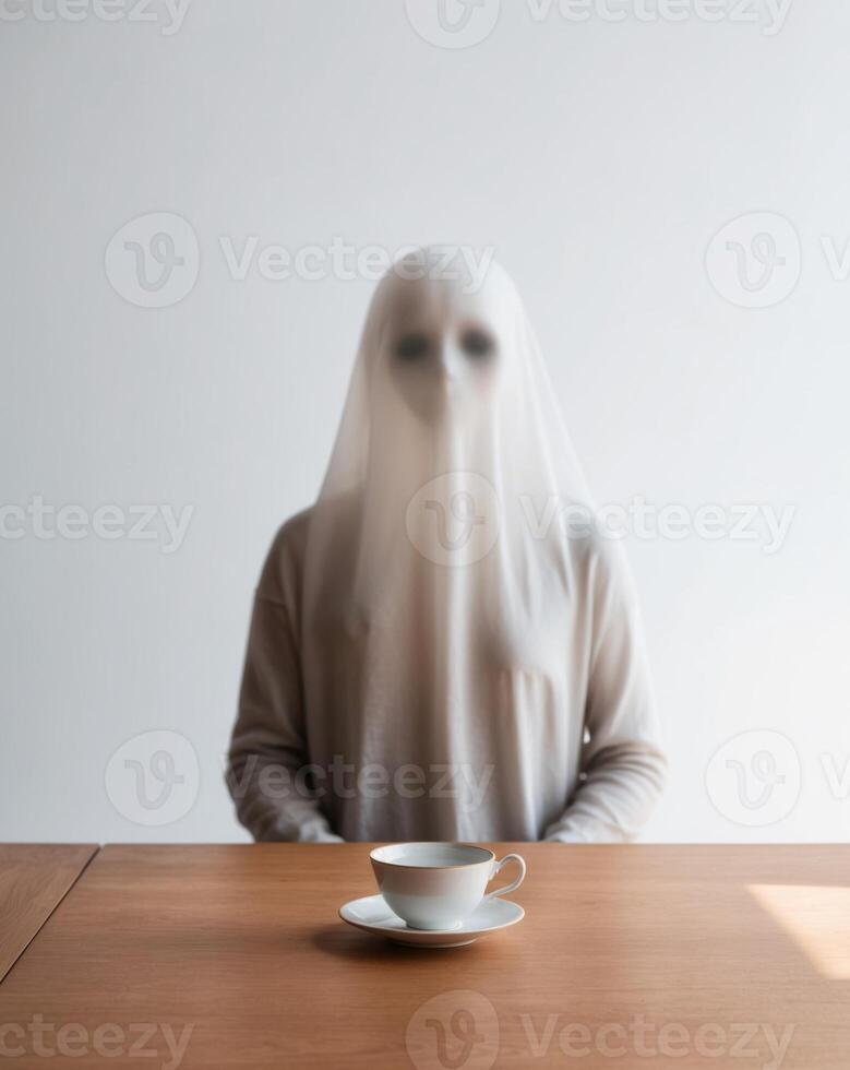 A ghostly figure sits at a table with a cup of coffee photo