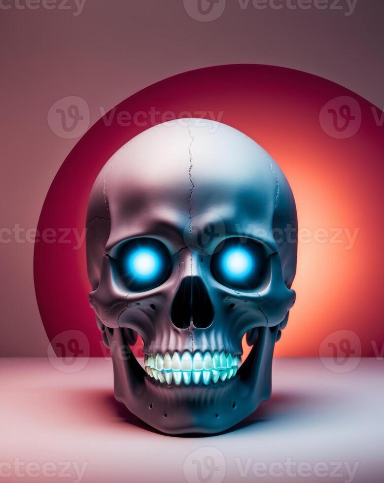 A skull with glowing eyes on a red background photo