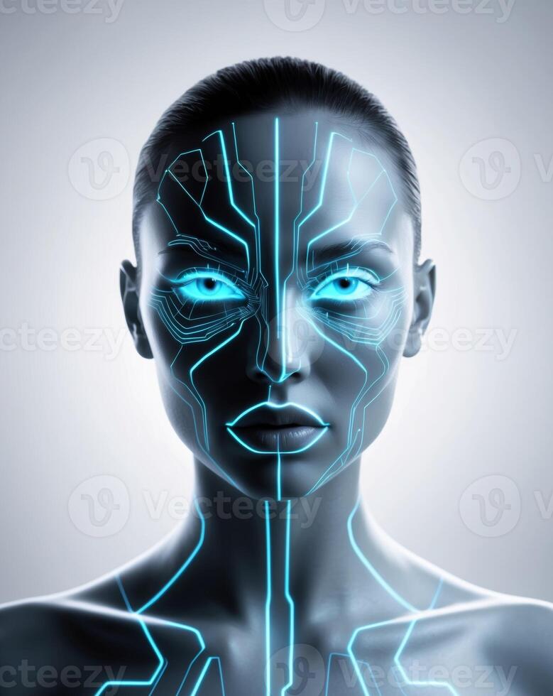 The face of a woman with a blue line on her face photo