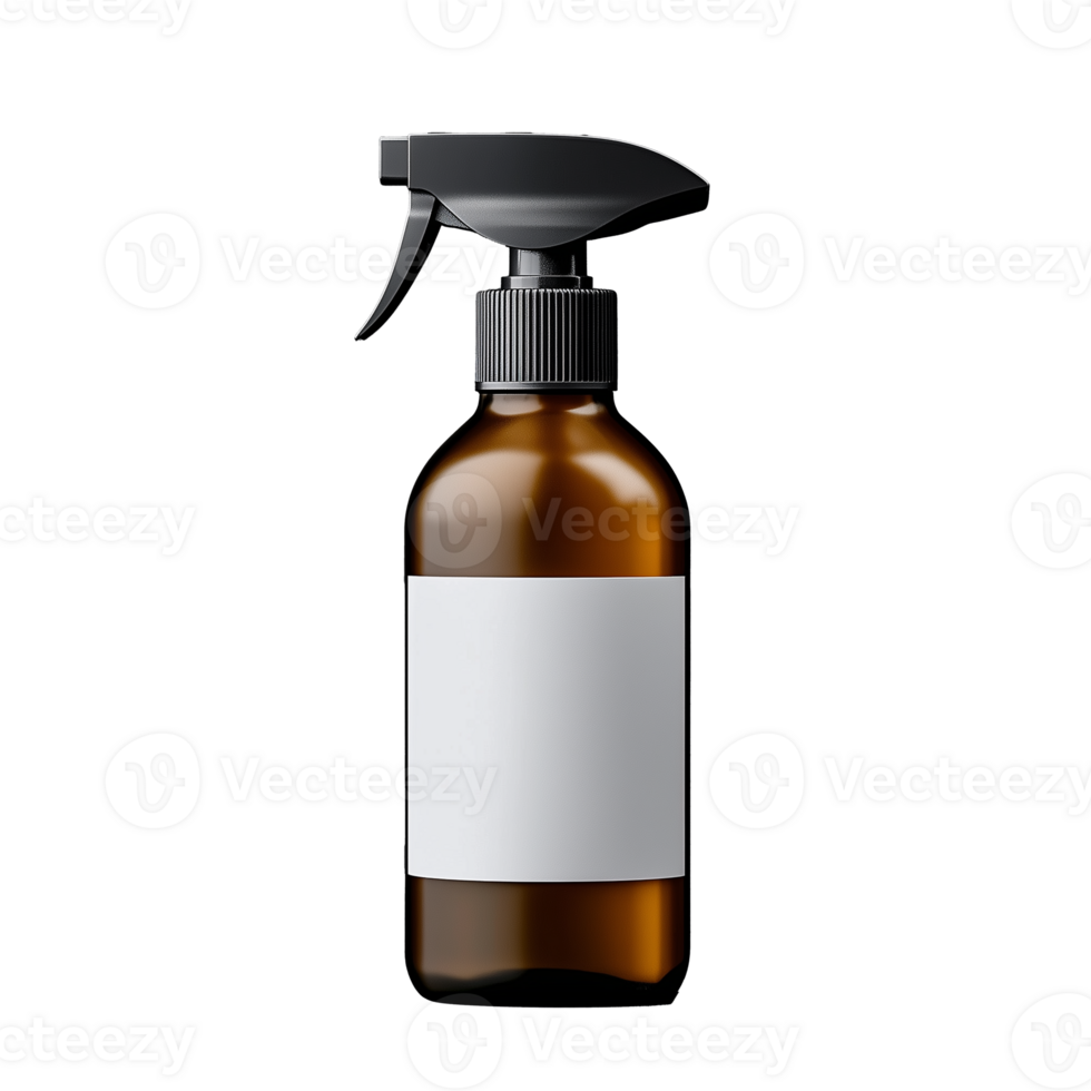 Brown spray bottle with a blank label, designed for cleaning products, on a transparent background. png