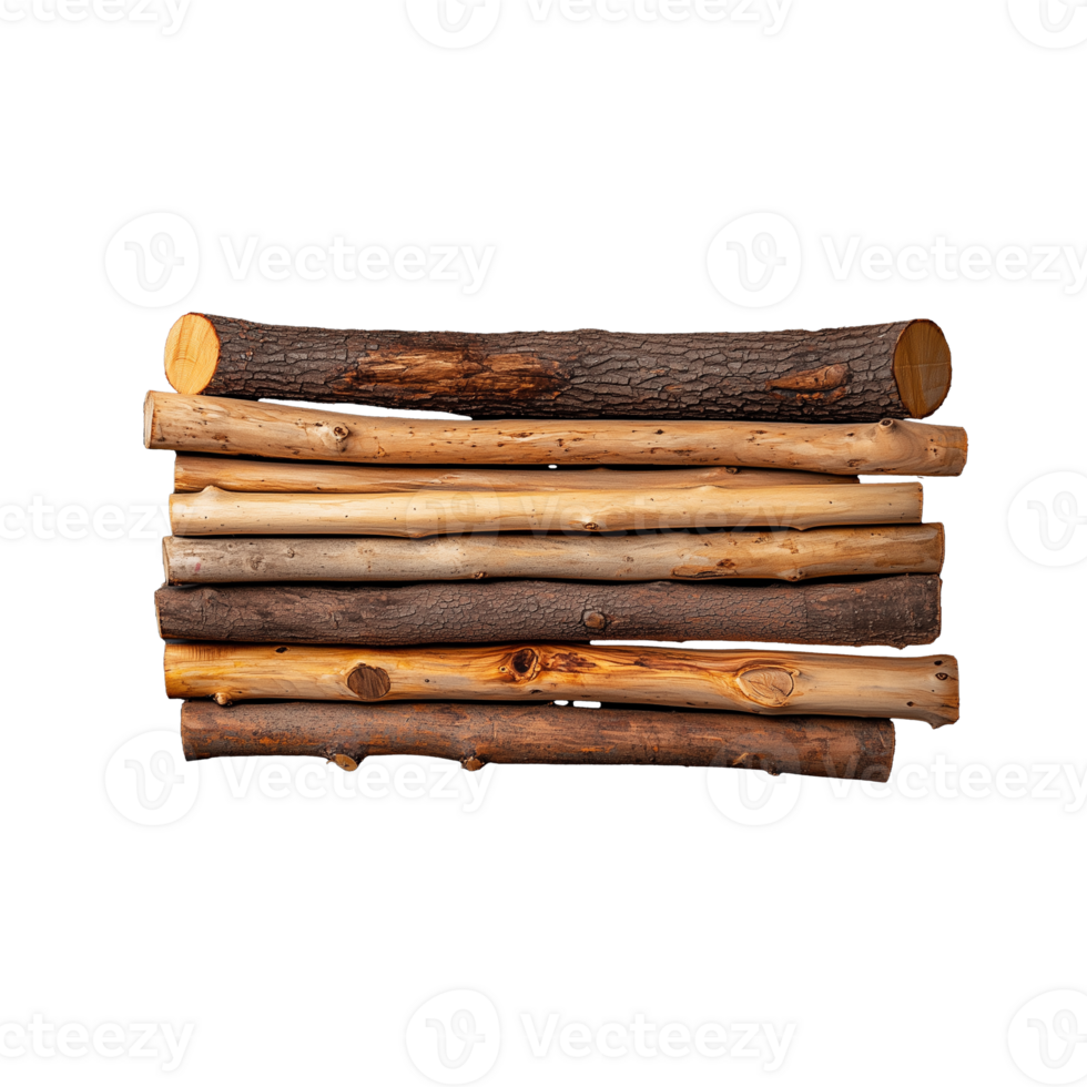 Stack of wooden logs arranged in an organized pile on a transparent background. png