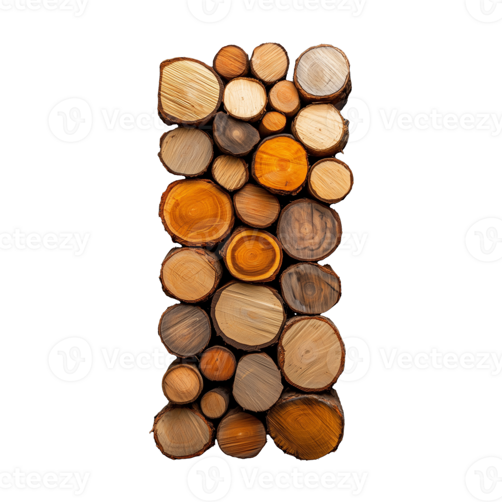 Neatly arranged cut wooden logs stacked together, viewed from the side, on a transparent background. png