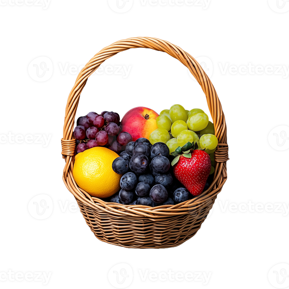 Basket filled with assorted fresh fruits, including grapes, apples, and oranges, on a transparent background. png
