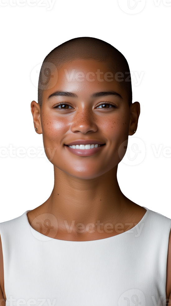 Woman with a shaved head smiling confidently, wearing a sleeveless white top on a transparent background. png