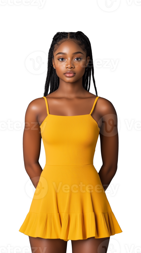 Woman in a yellow spaghetti strap dress, standing with a calm expression on a transparent background. png