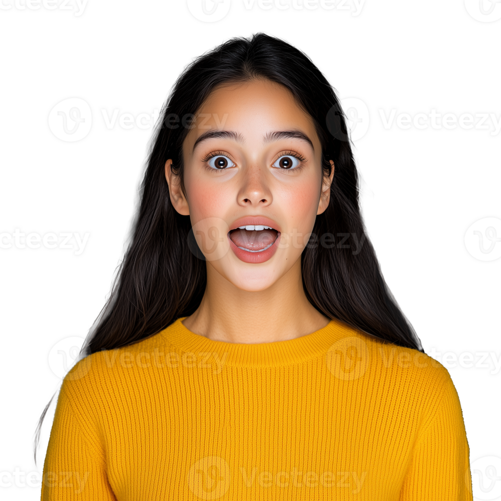 Surprised girl wearing a yellow sweater, with her mouth open, on a transparent background. png