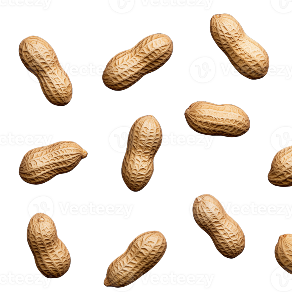 Scattered unshelled peanuts arranged haphazardly on a transparent background. png