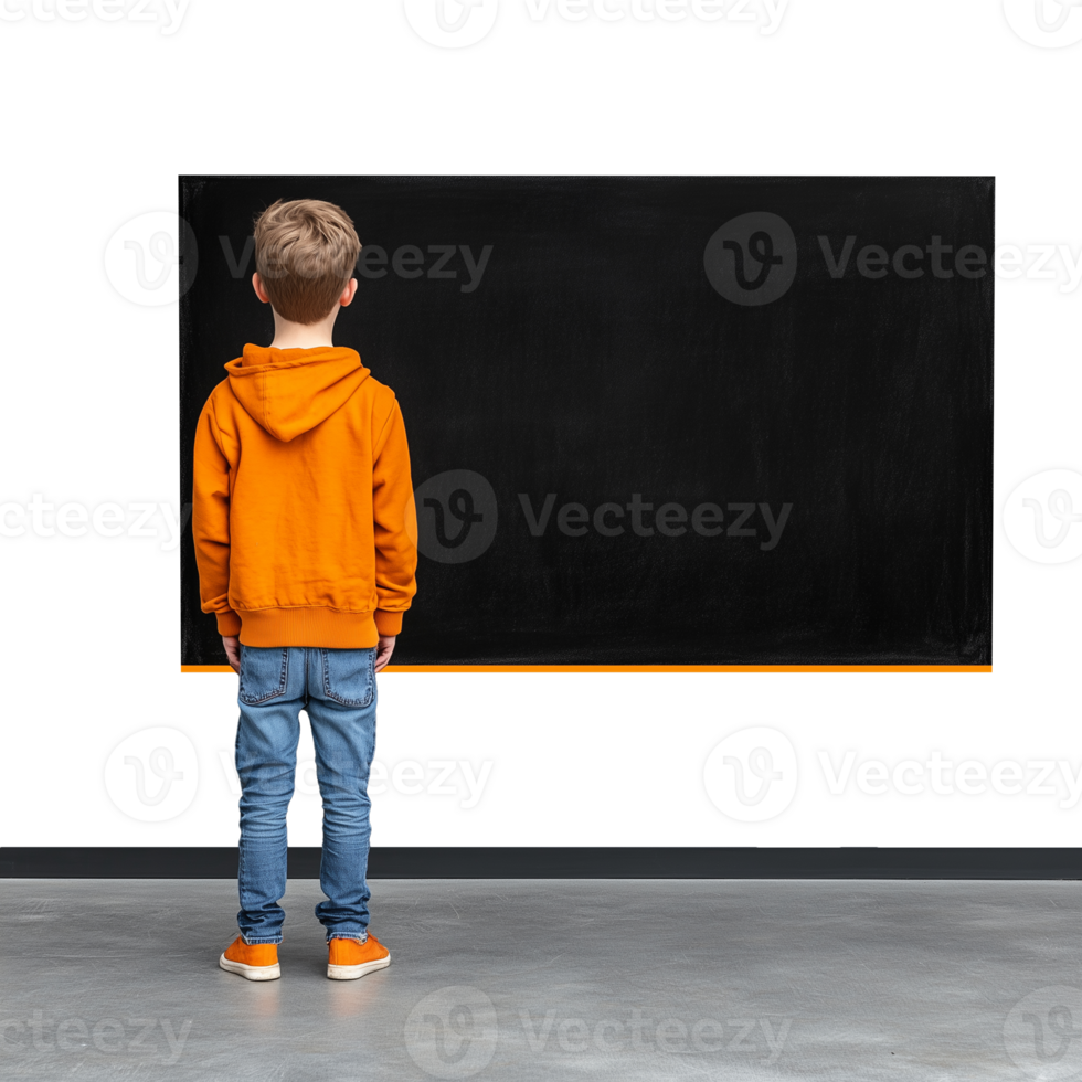 Boy in an orange hoodie standing in front of a blackboard, back facing the camera, on a transparent background. png