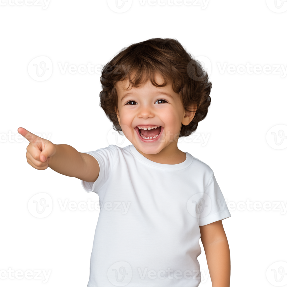 Happy young boy pointing, smiling excitedly, wearing a white t shirt, on a transparent background. png