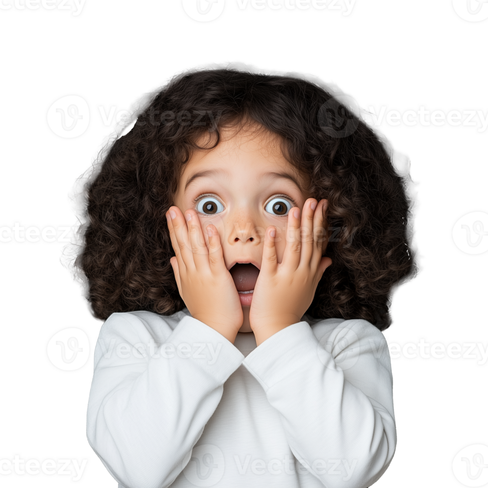 Surprised young boy with hands on his cheeks, mouth open, wearing a white shirt, on a transparent background. png