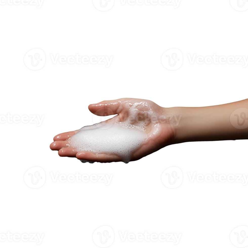 Hand holding a bar of soap lathered with foam, on a transparent background. png